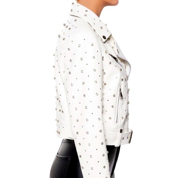 Callie Lives For The Win Azalea Wang White Rhinestone Moto Jacket M L XL - Picture 2 of 5